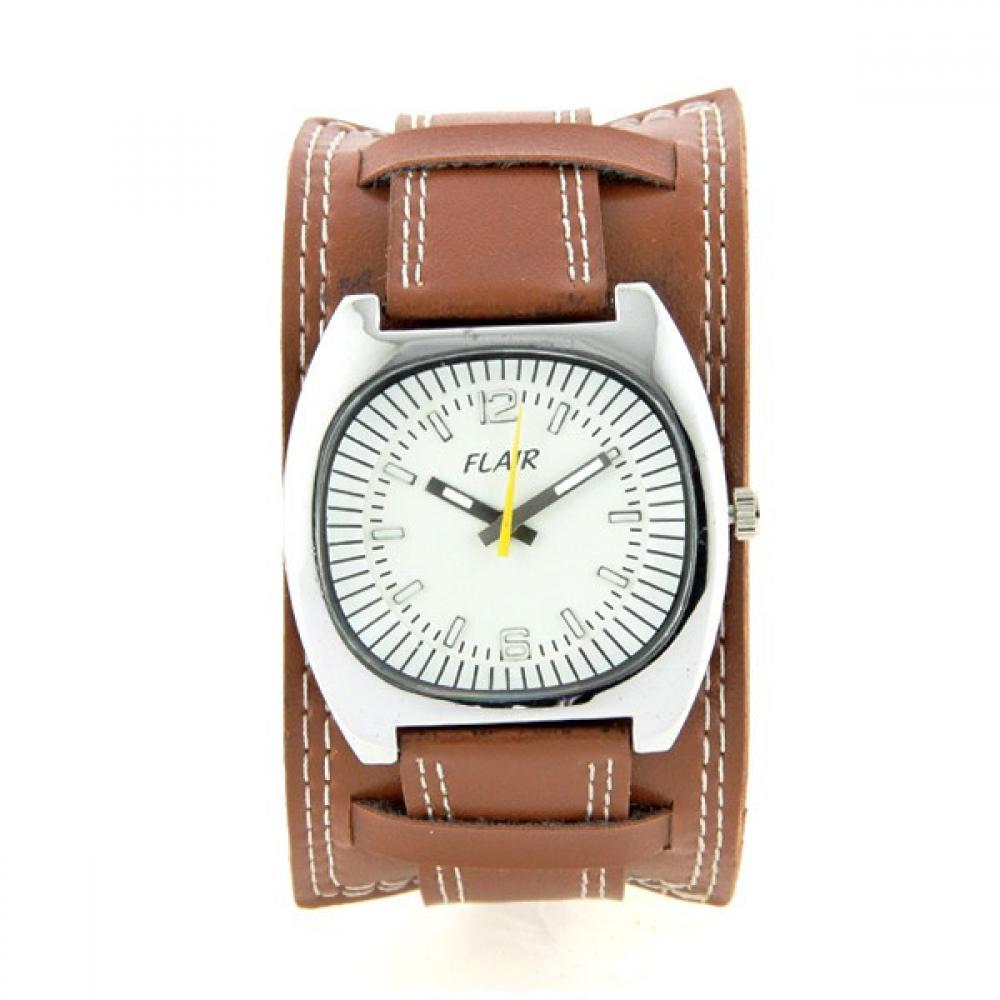 Montre bracelet de force brun surpiqure blanche modulable boîtier acier